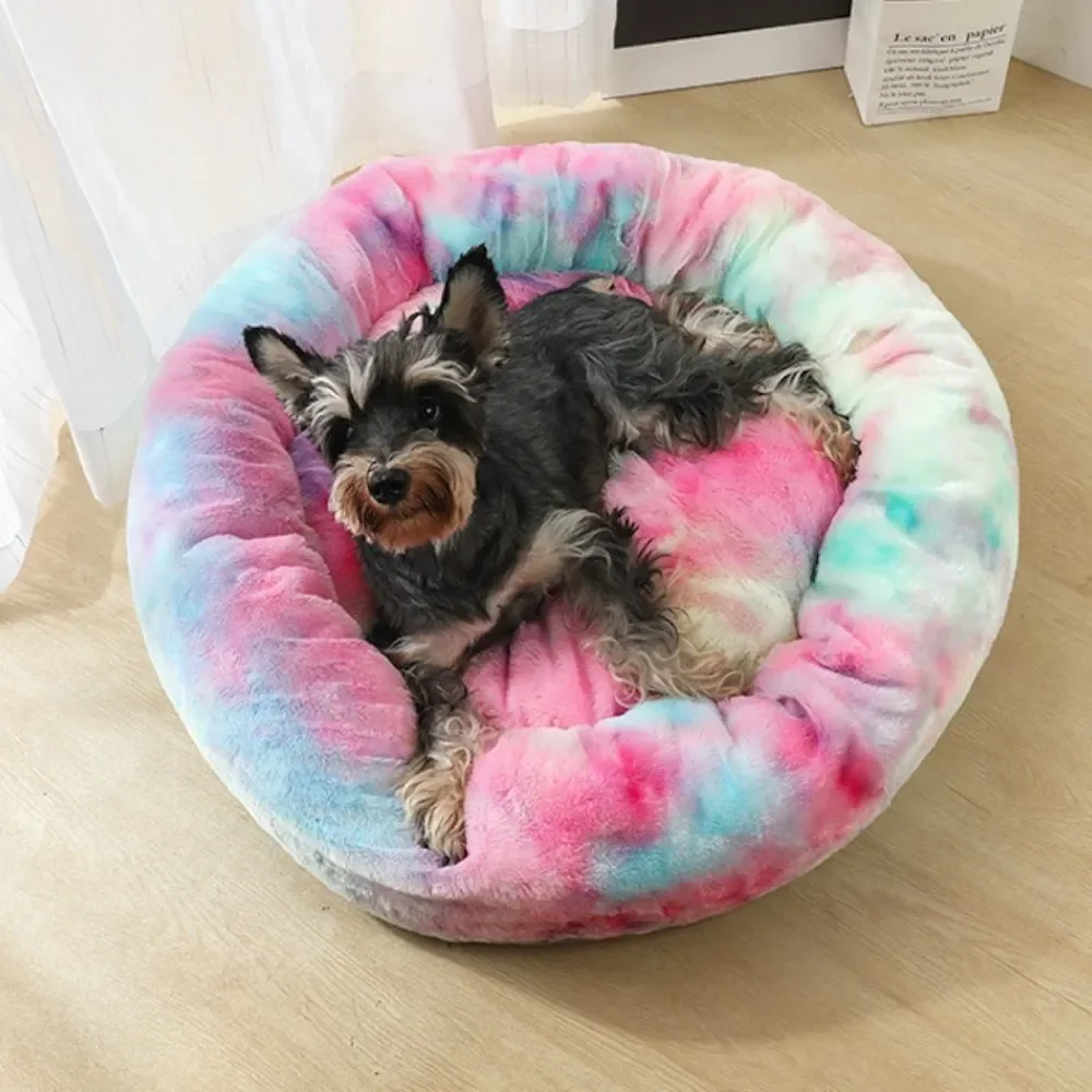 Rainbow Faux Donut Medium Dog Cat Bed - Anti-Anxiety Calming Fluffy Dog Cat Bed
